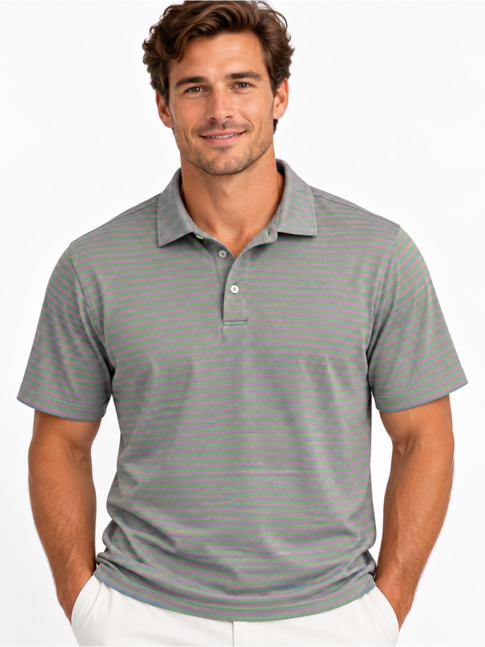 Turtleson Tour Performance Polo Mens Large Purple Green Striped Golf Shirt